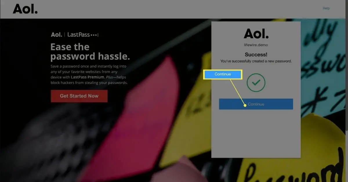 Botão Continuar na tela de "sucesso" para uma senha alterada no AOL