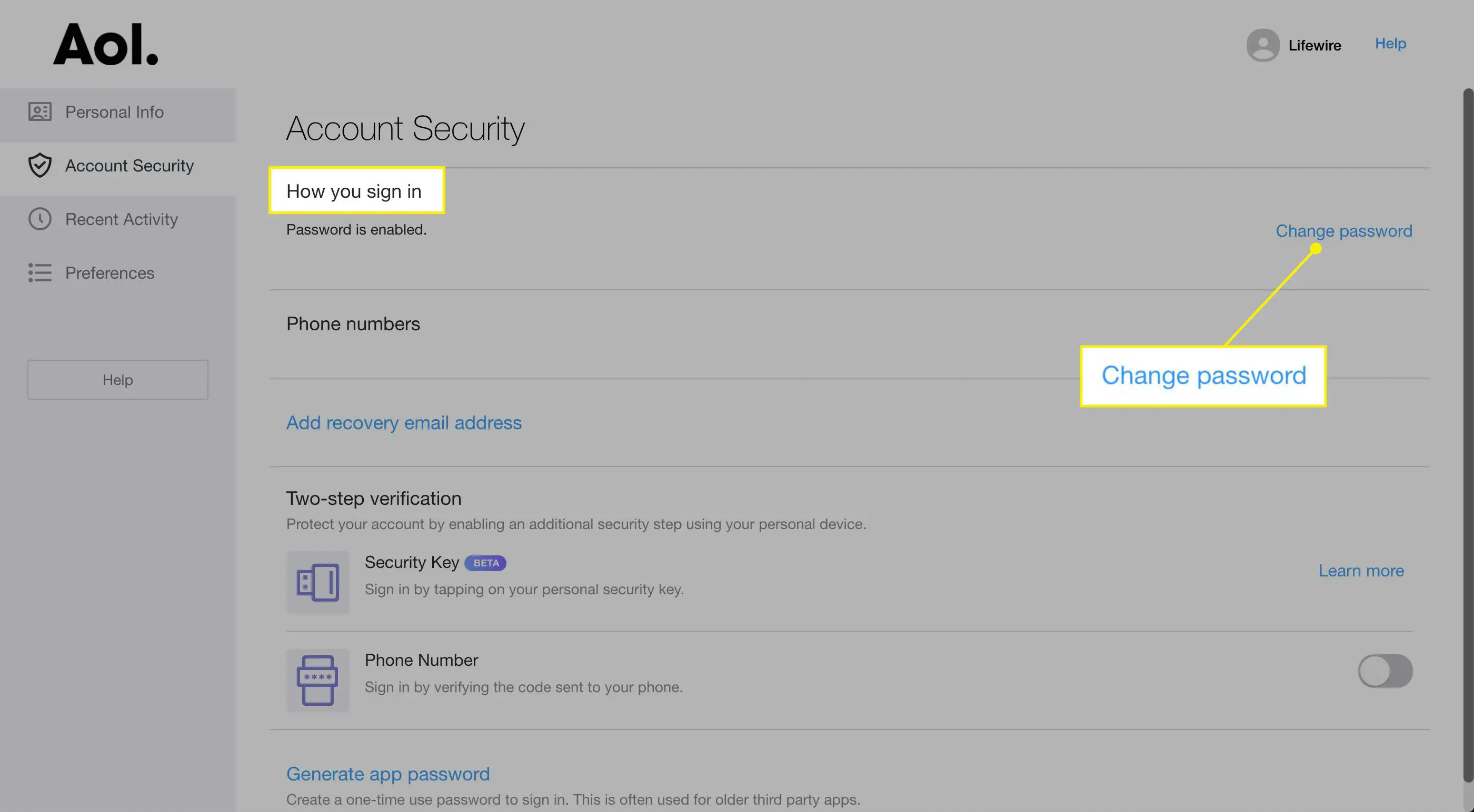 O link Alterar senha na seção "Como você faz login" das configurações de segurança da conta AOL