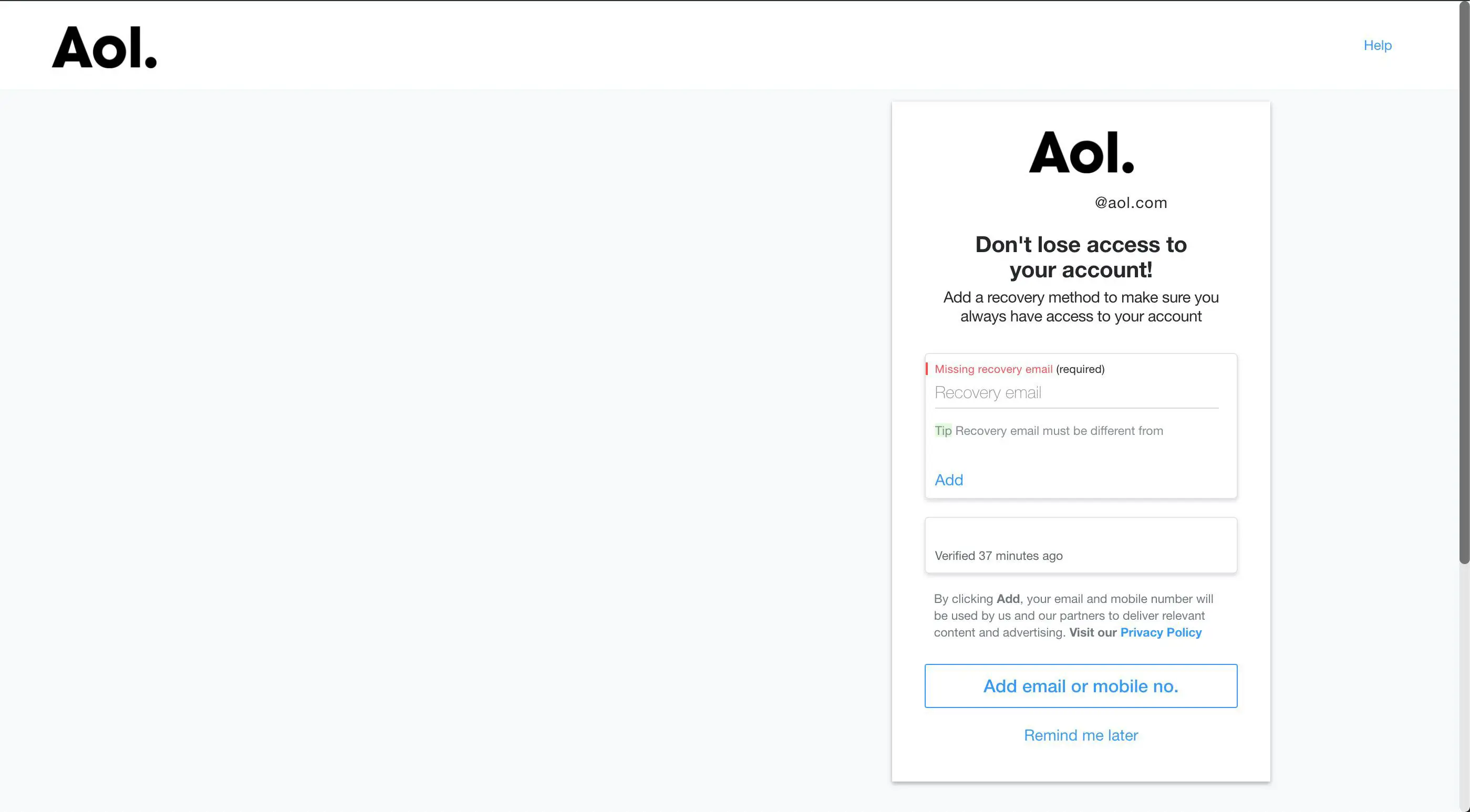 Opções de recuperação no AOL