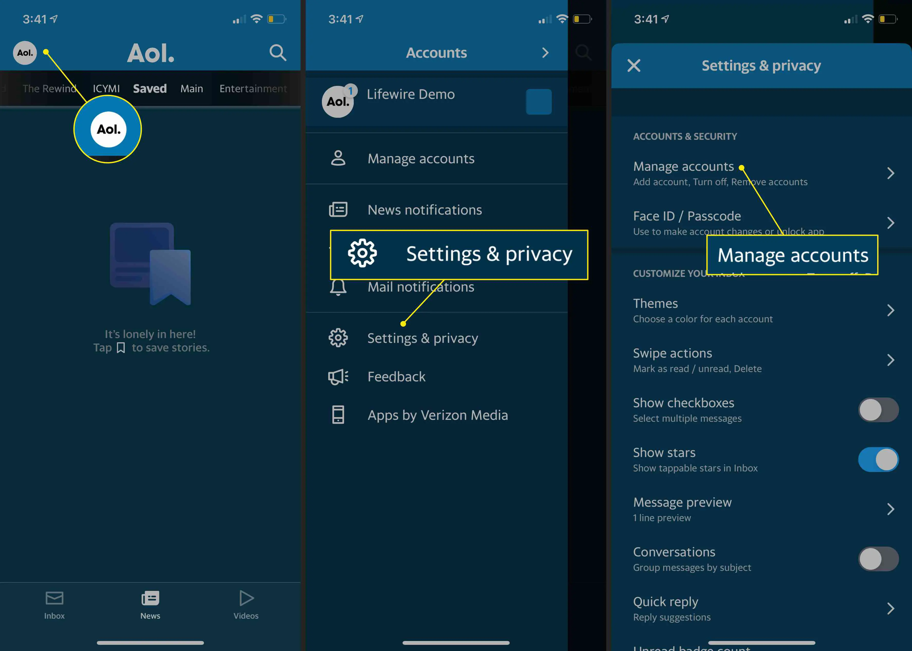 Ícone da conta, "Configurações e privacidade" e "Gerenciar contas" no aplicativo AOL para iOS