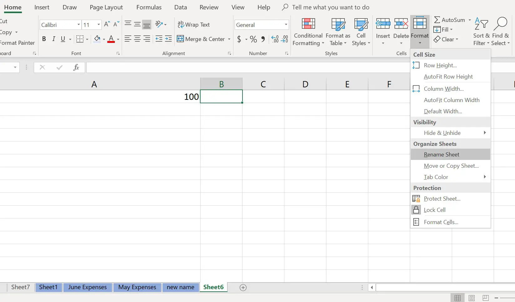 Menu do Excel onde os usuários podem renomear a planilha
