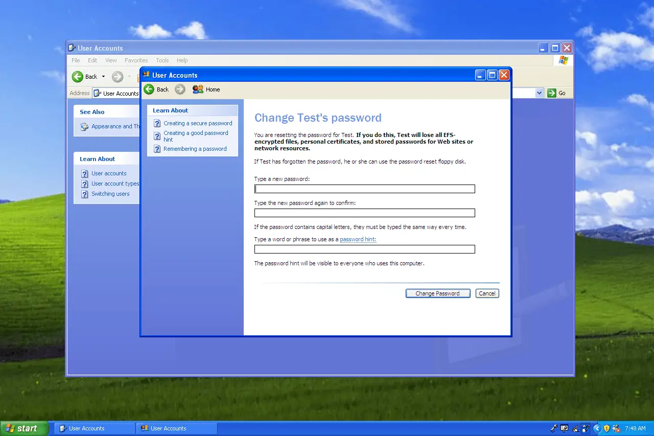 Tela de alteração de senha de usuário no Windows XP