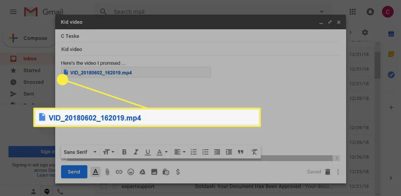 Uma captura de tela mostrando um vídeo como um link na mensagem de e-mail do Gmail