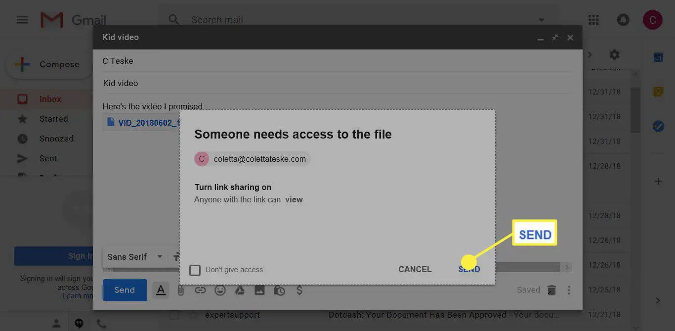 Uma captura de tela mostrando como ativar o compartilhamento de link no Gmail e no Google Drive