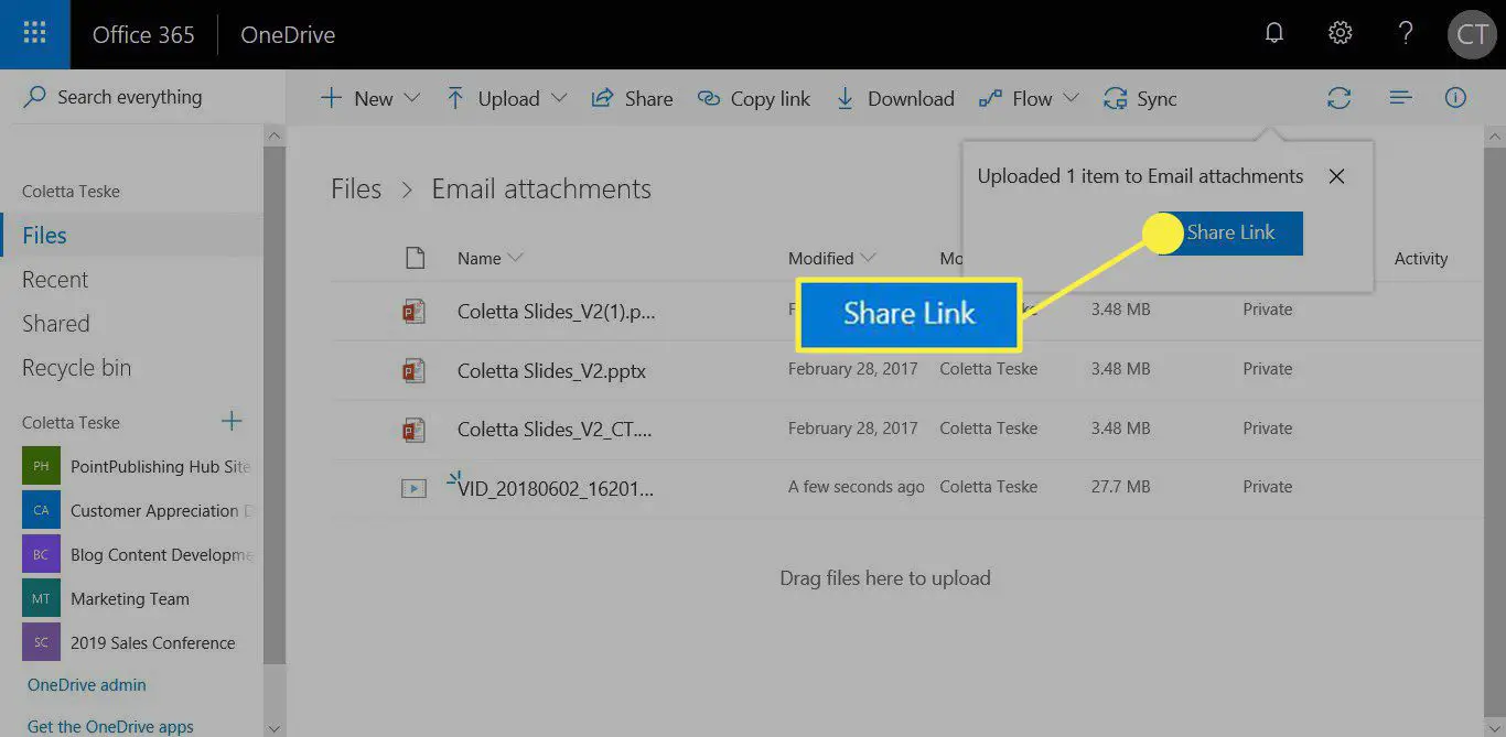 Uma captura de tela mostrando como compartilhar um link para um vídeo armazenado no OneDrive