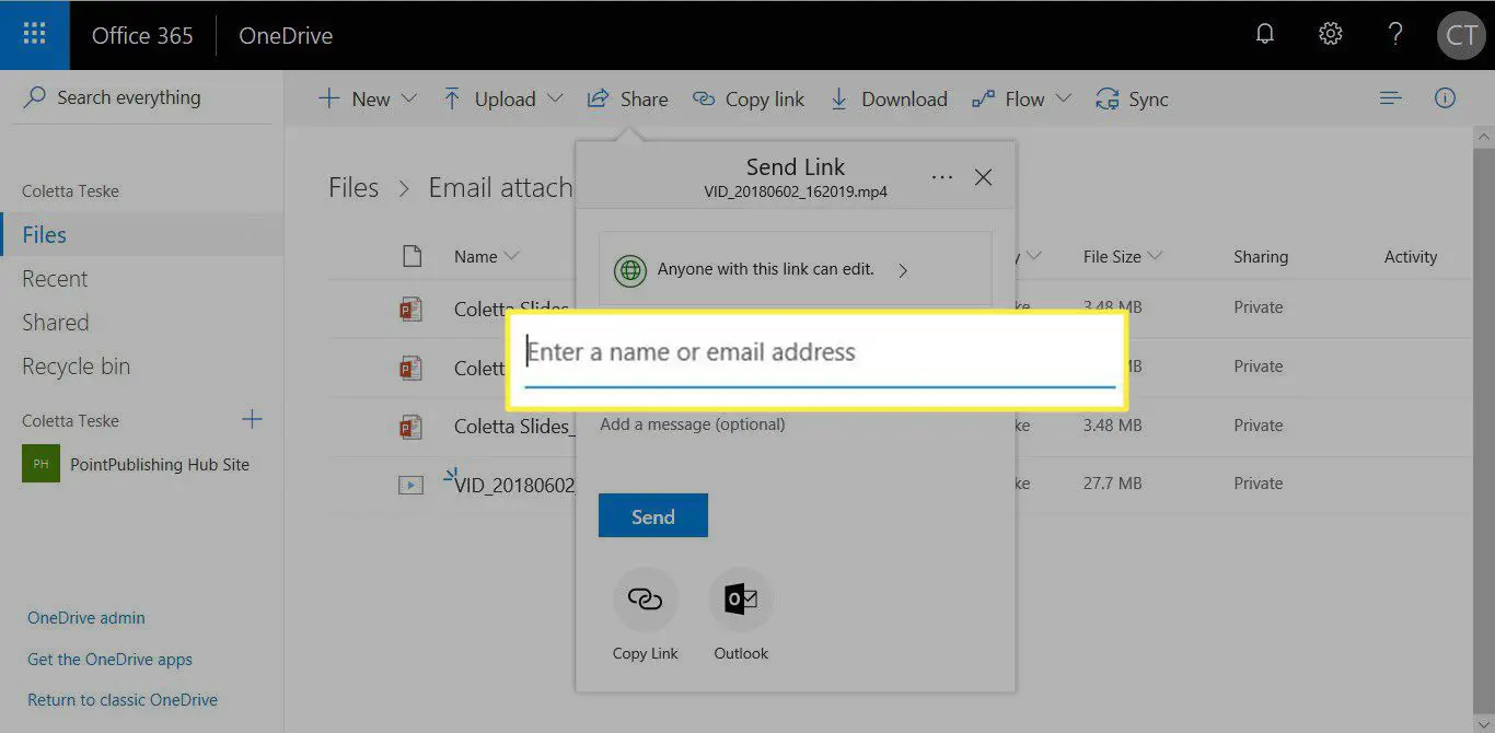 Uma captura de tela mostrando como ativar o compartilhamento e enviar um e-mail contendo um link no OneDrive e no Outlook