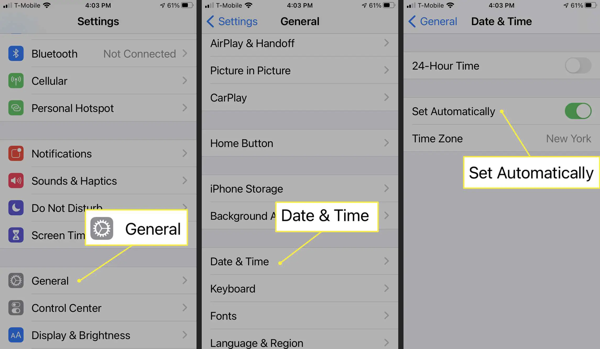 Configurações de data e hora do iPhone
