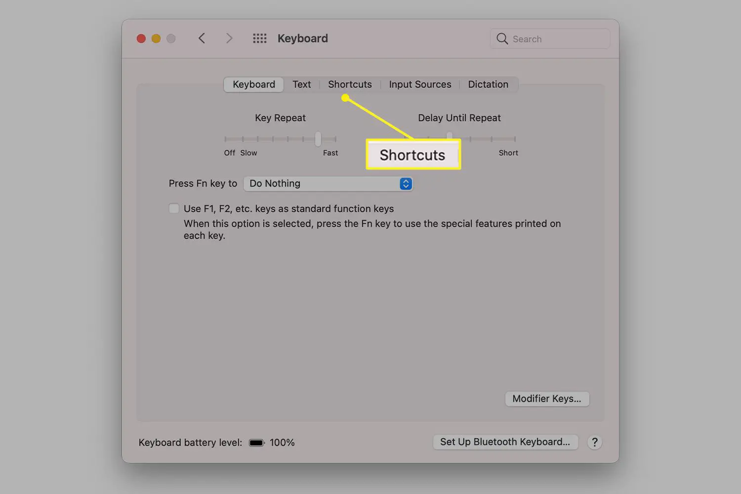 Mac Keyboard preferences with Shortcuts tab highlighted