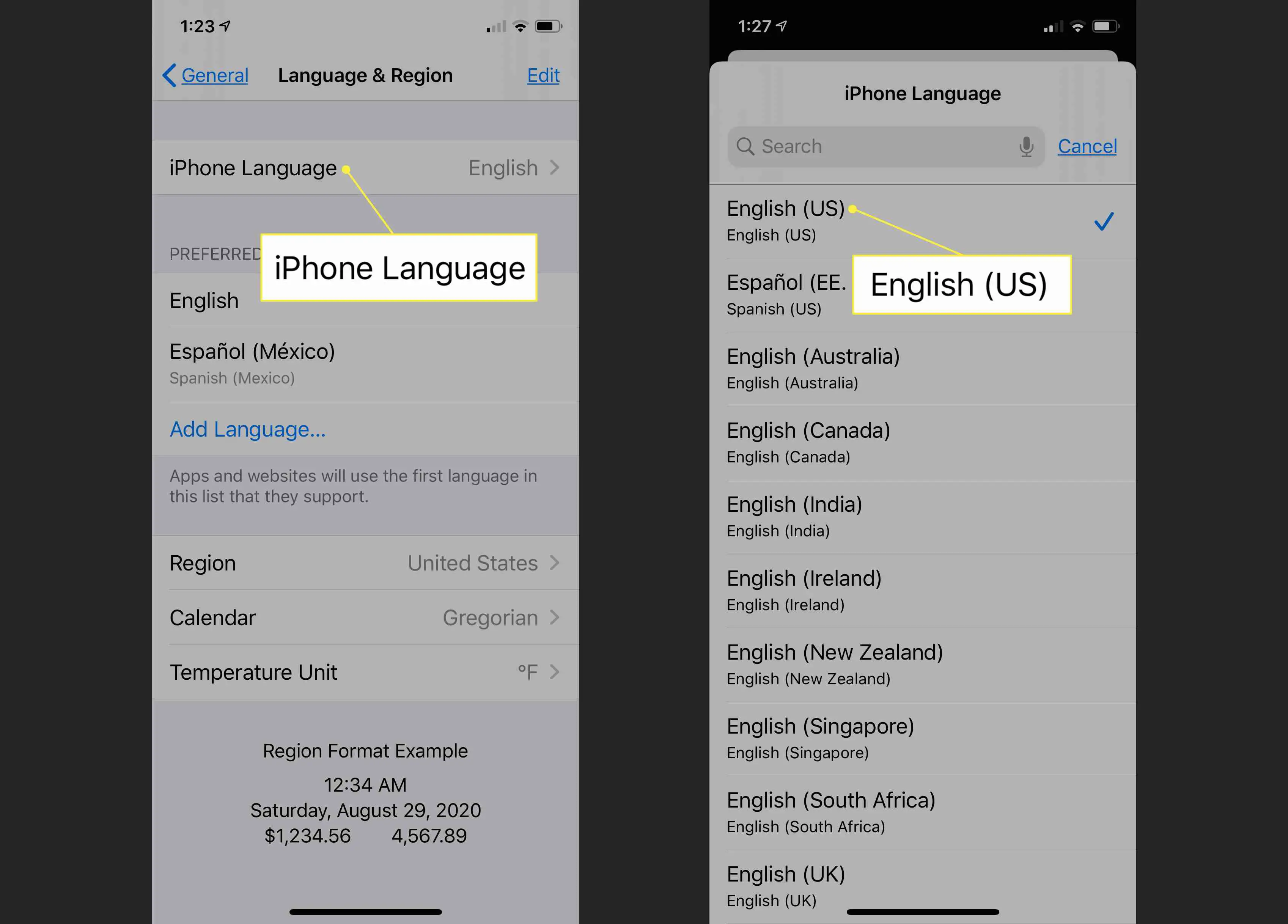 Configuração de inglês (EUA) no iOS