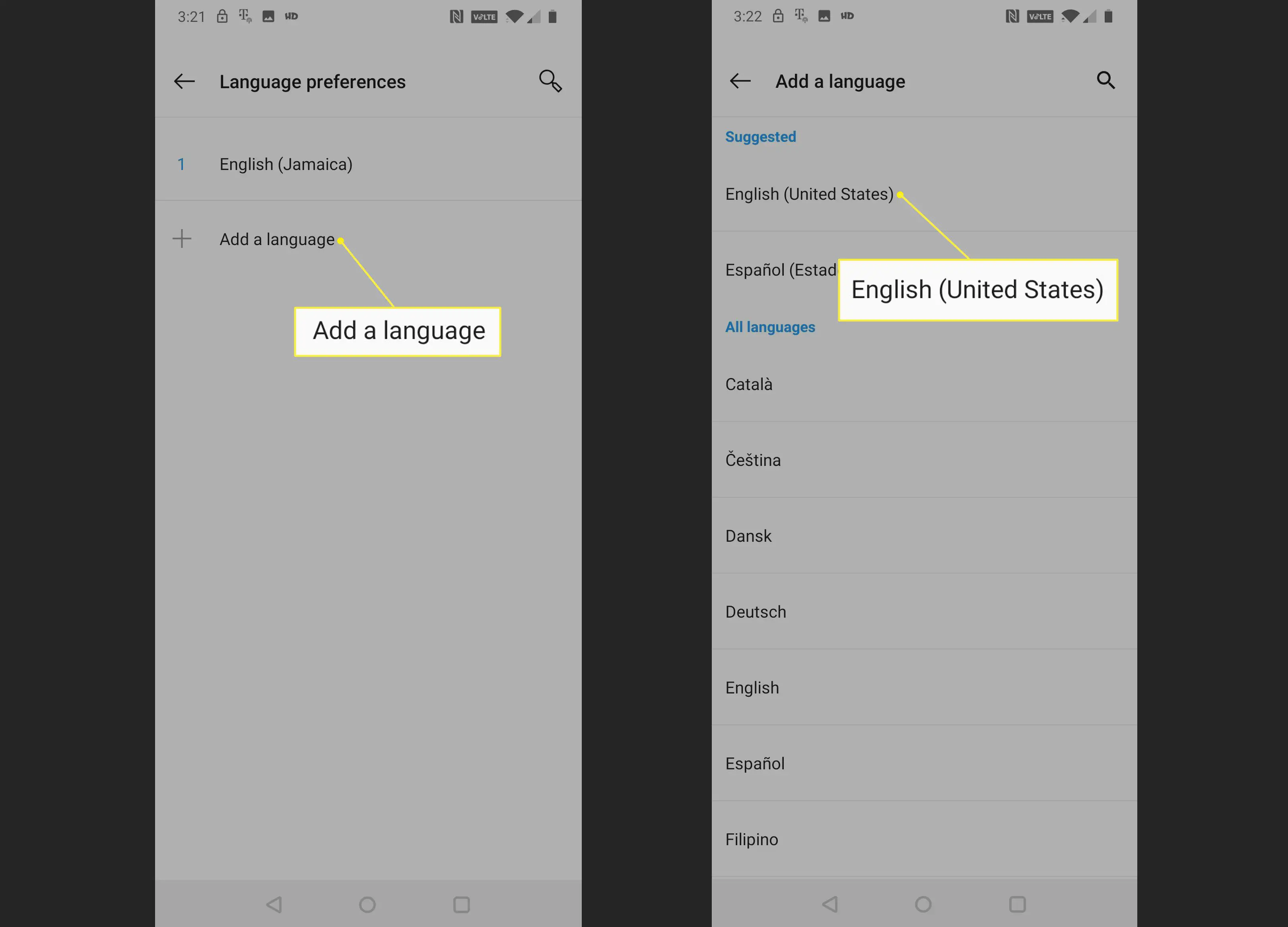 Localizando a opção Inglês (Estados Unidos) no Android