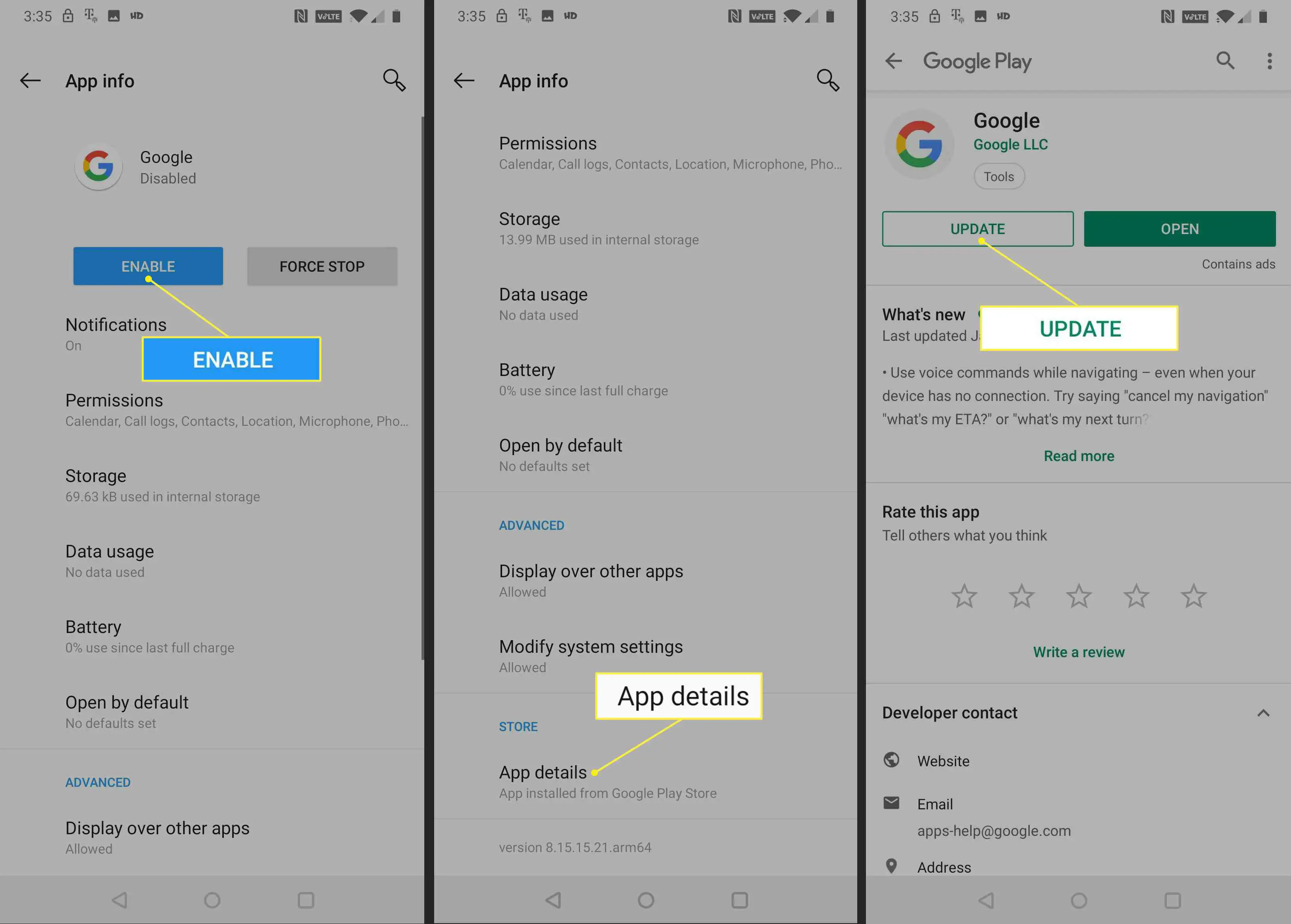 Reative e atualize o Google app no ​​Android