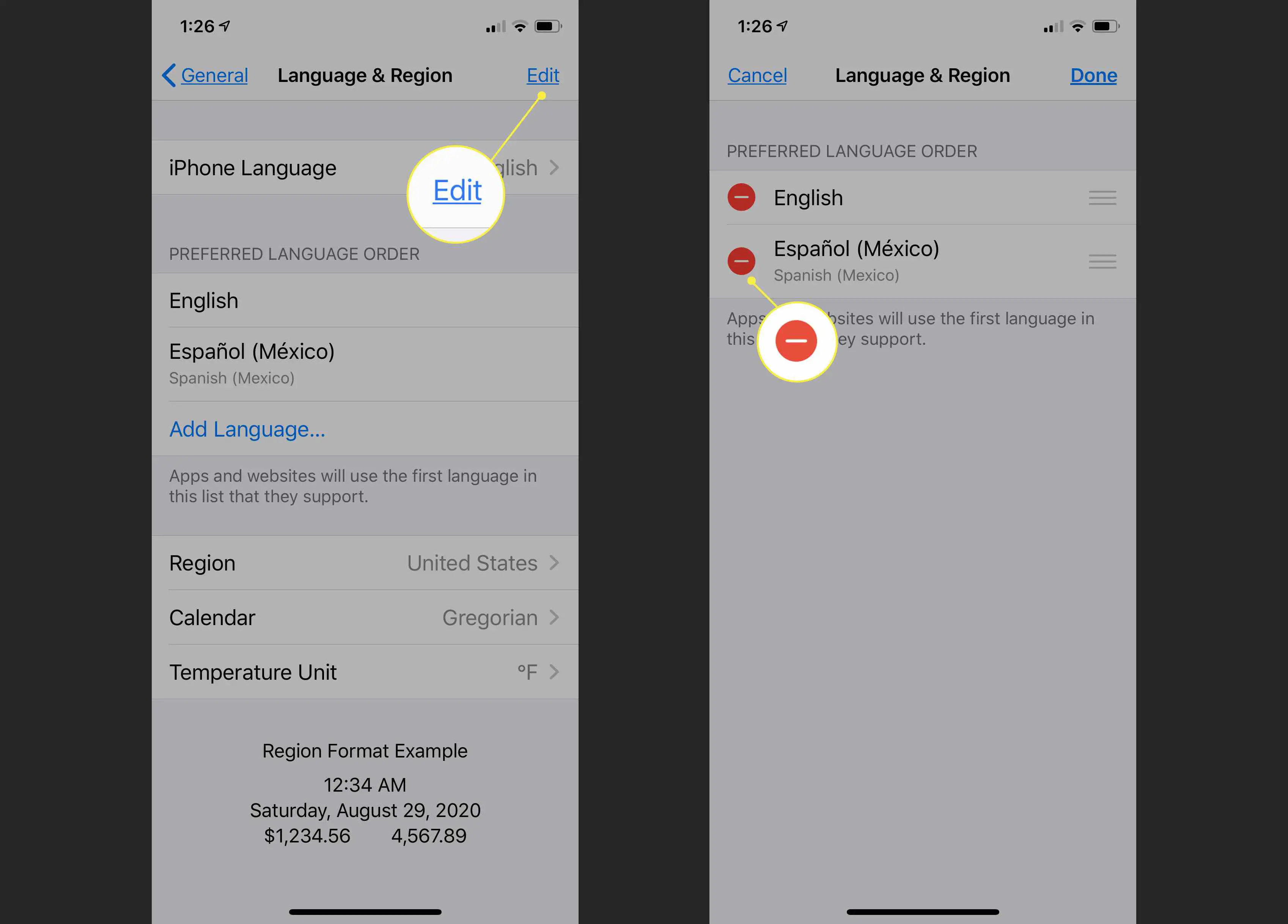 Preferências de idioma e região no iOS