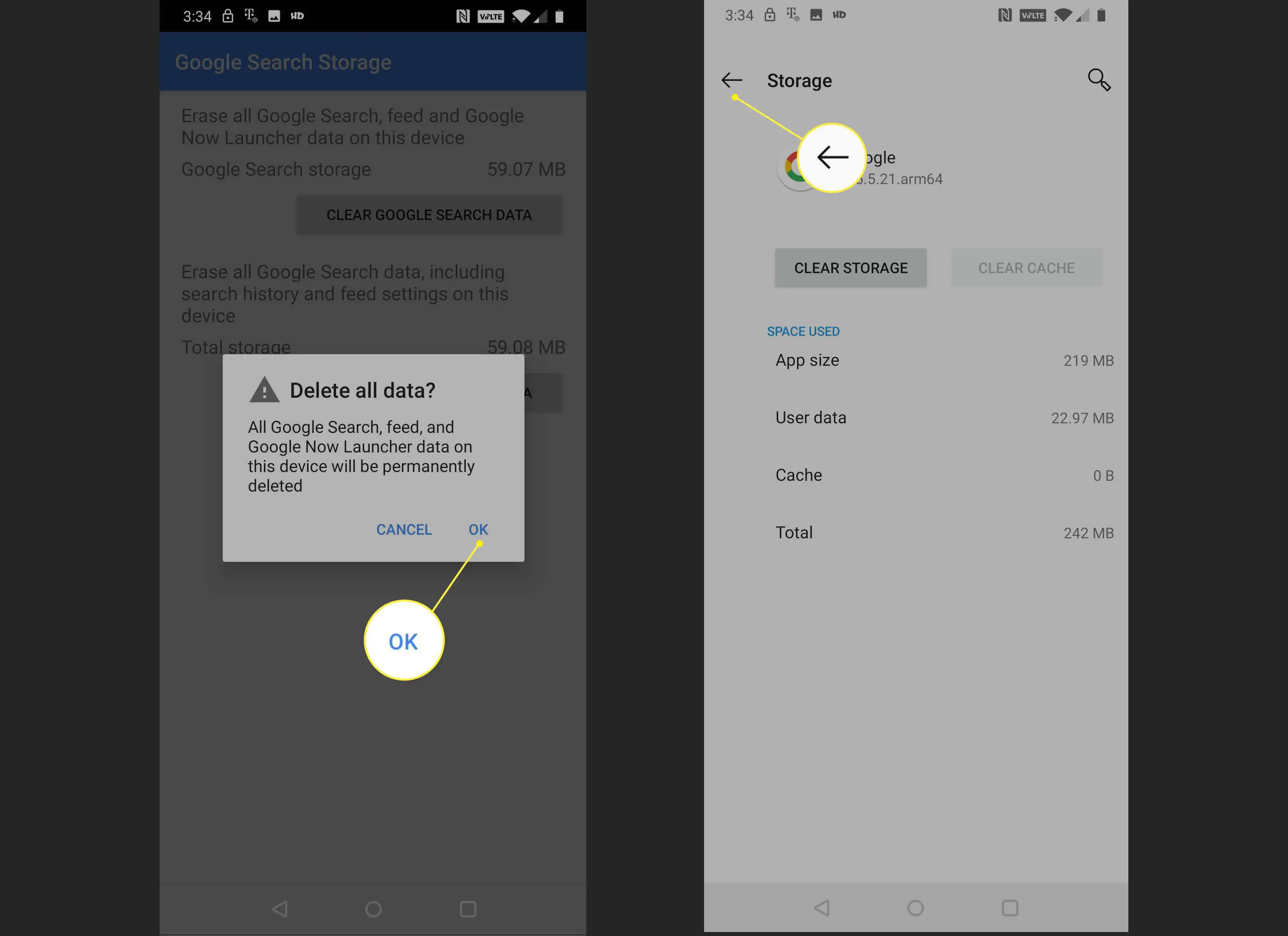 Tela de confirmação e retorno às configurações de armazenamento no Android