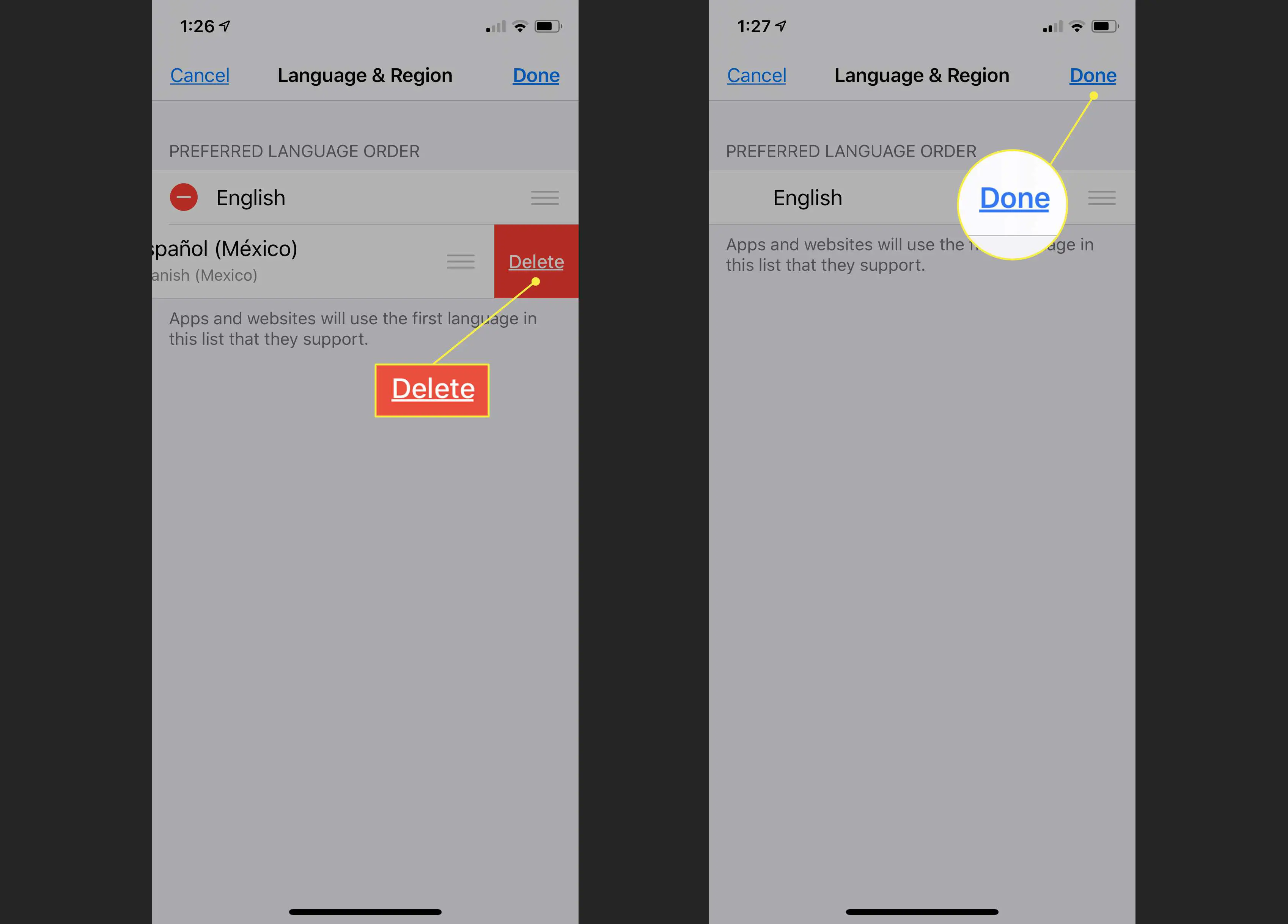 Exclusão de idiomas nas preferências de idioma e região do iOS