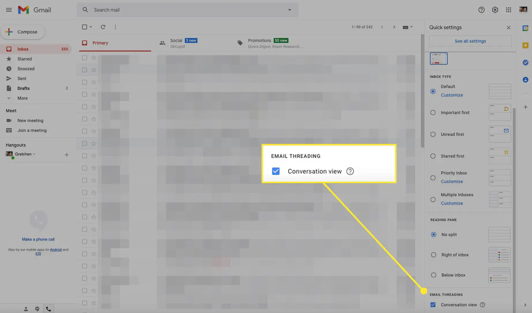 Configurações do Gmail com visualização de conversa marcada e destacada