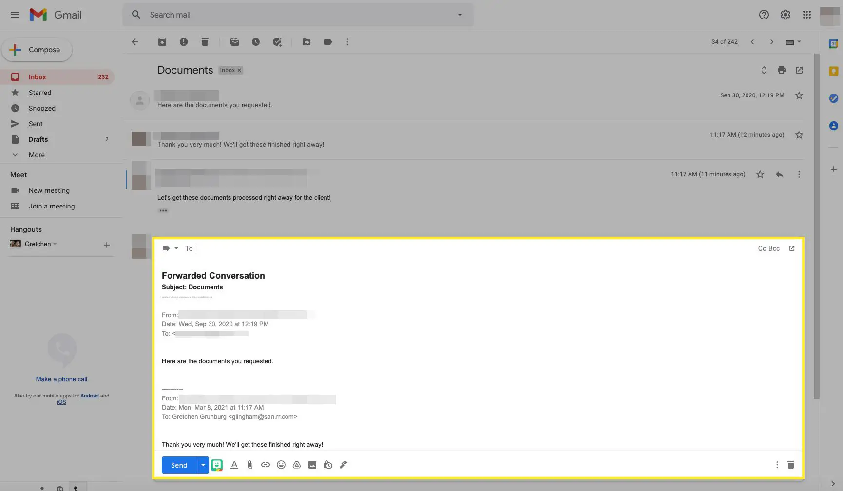 Encadeamento de e-mail do Gmail sendo encaminhado com Conversa encaminhada em destaque