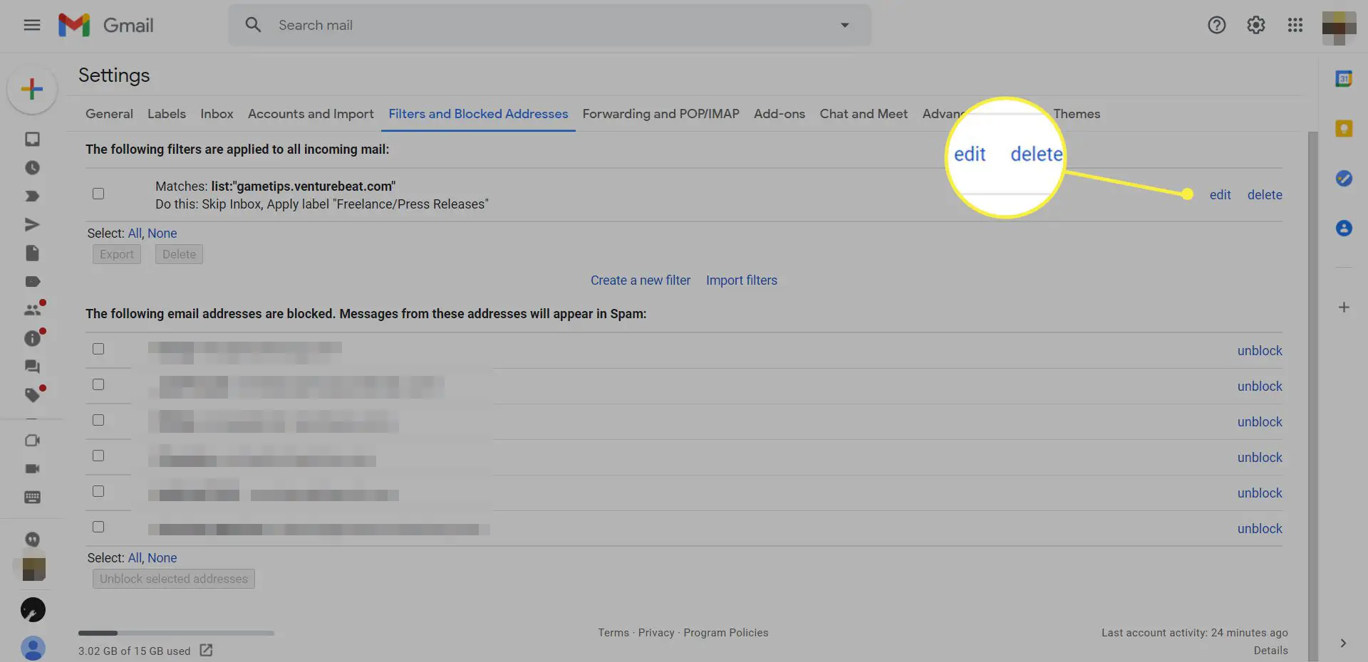Página Filtros e endereços bloqueados do Gmail com as opções de edição e exclusão de filtros destacadas