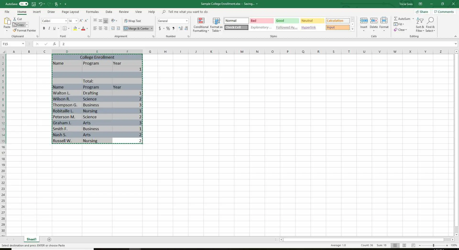 Captura de tela dos dados selecionados no Excel