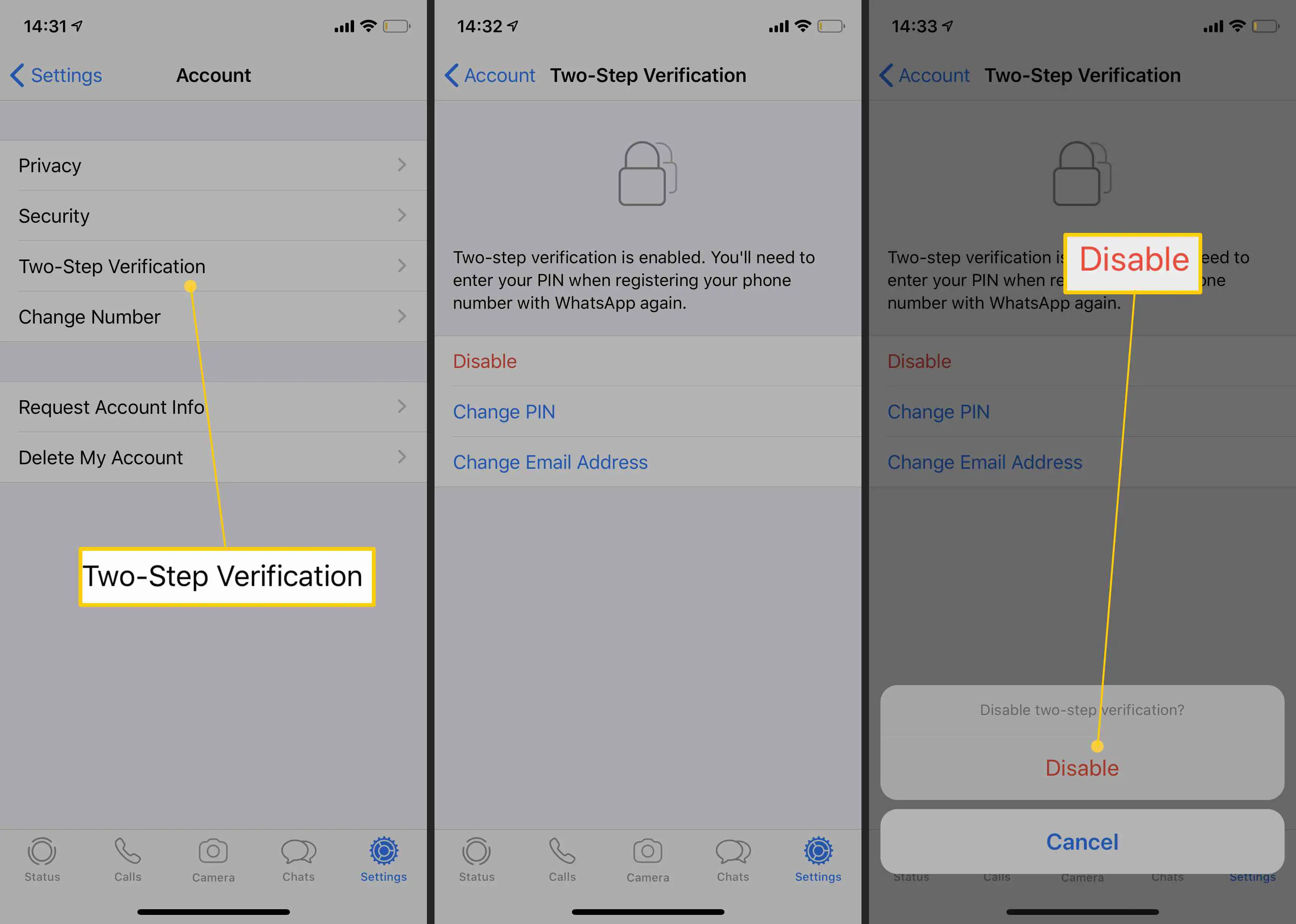 Etapas para alterar ou desativar a verificação em duas etapas no WhatsApp
