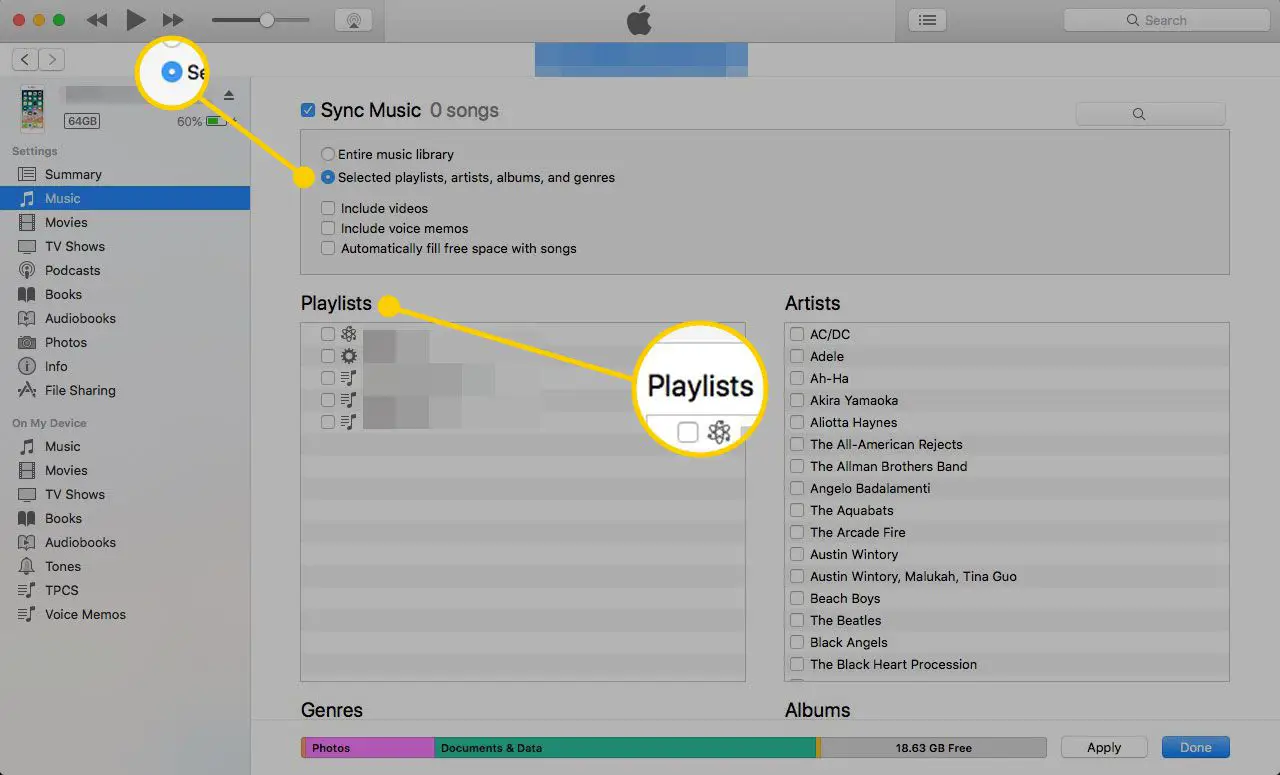 Tela de música no iTunes com botão de listas de reprodução selecionadas destacado