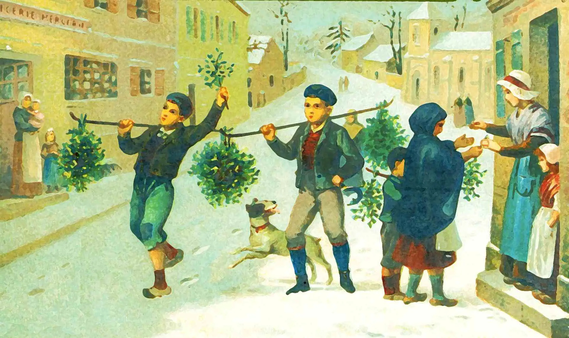 Cartão de Natal vintage mostrando dois meninos carregando uma coroa de flores em uma vara, um cachorro correndo ao lado deles
