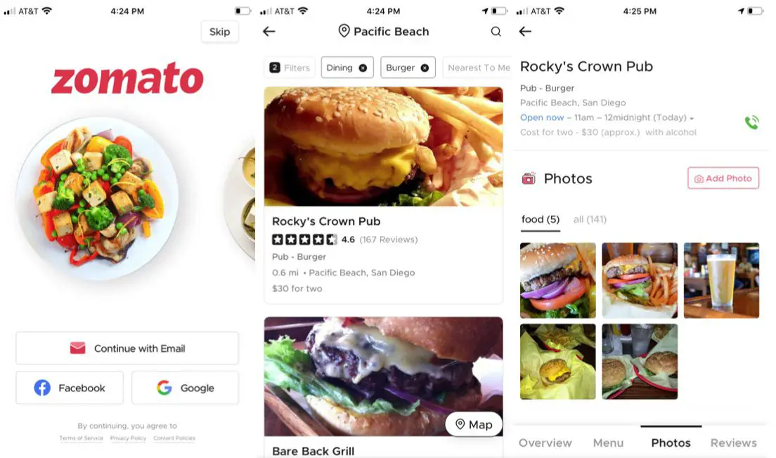 App de viagens de localizador de comida Zomato