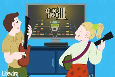 Ilustração de duas pessoas jogando Guitar Hero III