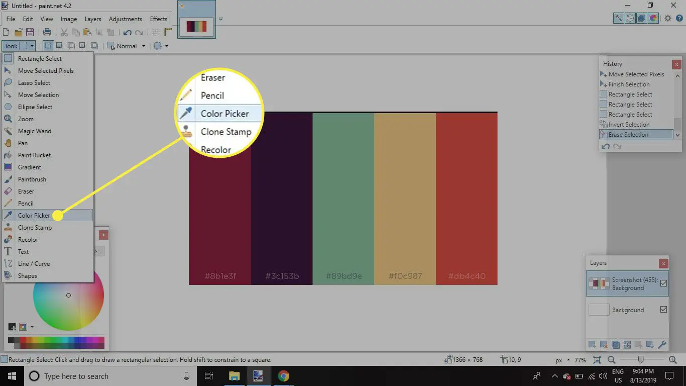 Uma captura de tela do Paint.NET com a ferramenta Color Picker destacada