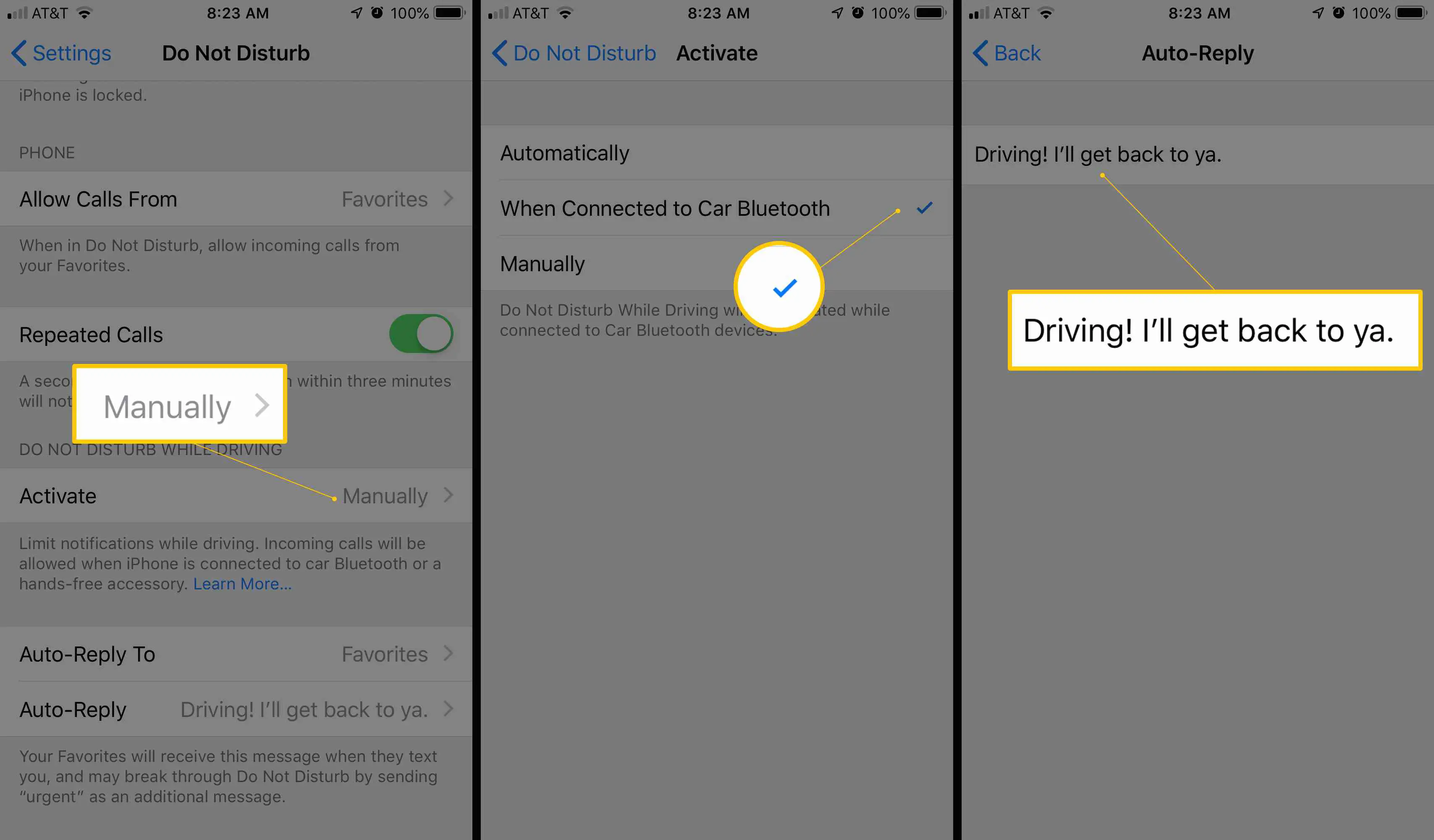 Três telas do iOS exibindo Não perturbe enquanto dirige manualmente, marca de seleção, Resposta automática