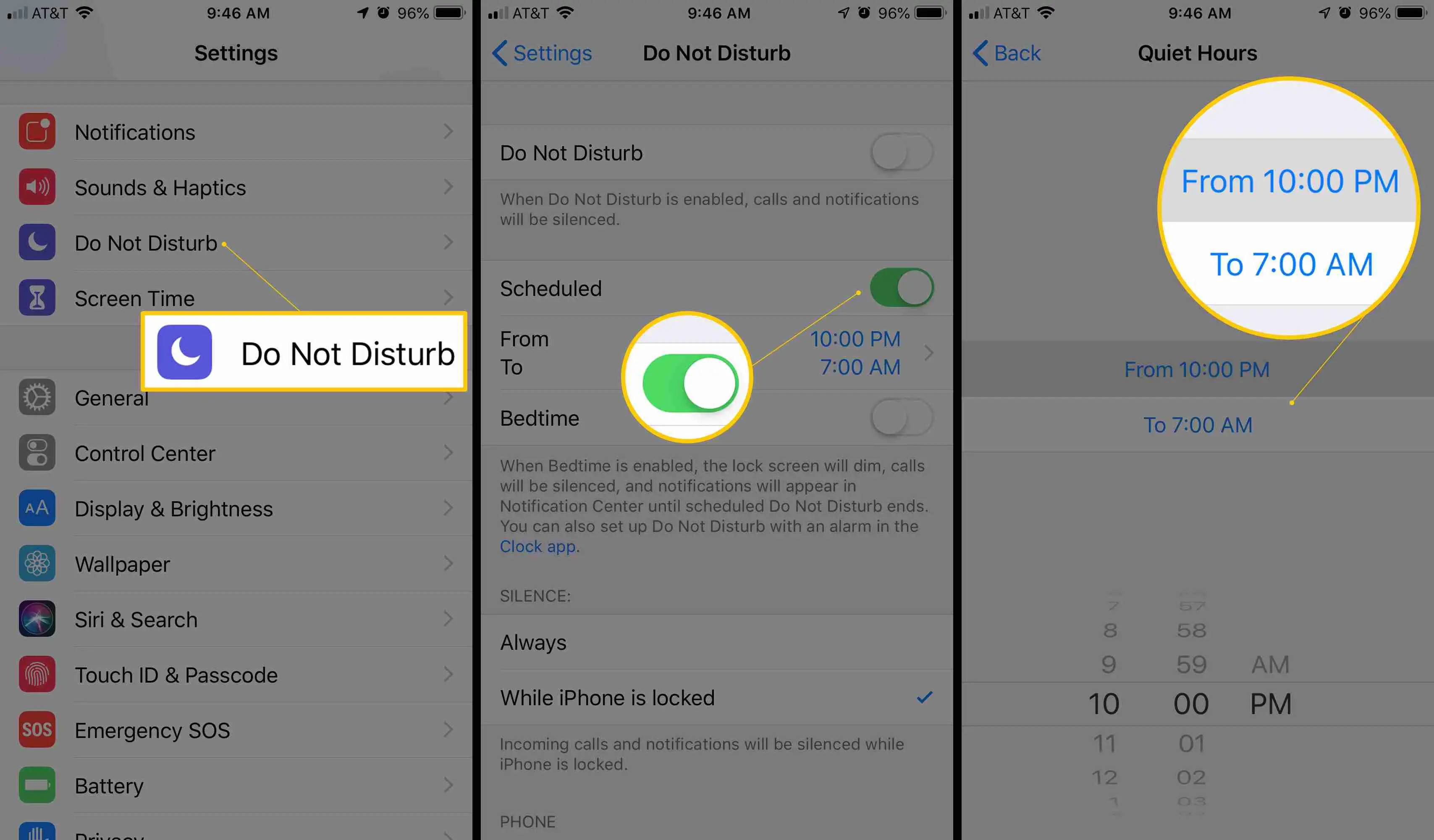 Três telas do iOS exibindo o botão Não perturbe, alternância programada e tela Horário silencioso