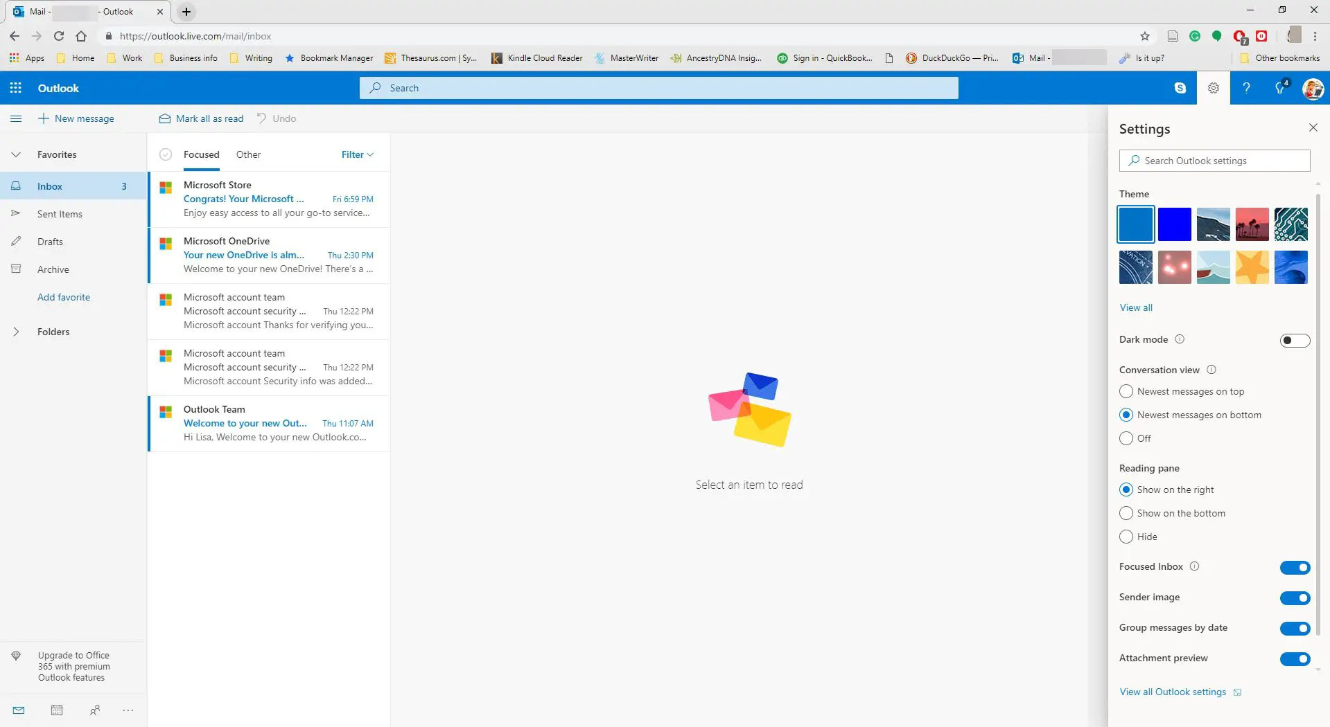 Visualizando as configurações do Outlook.com.