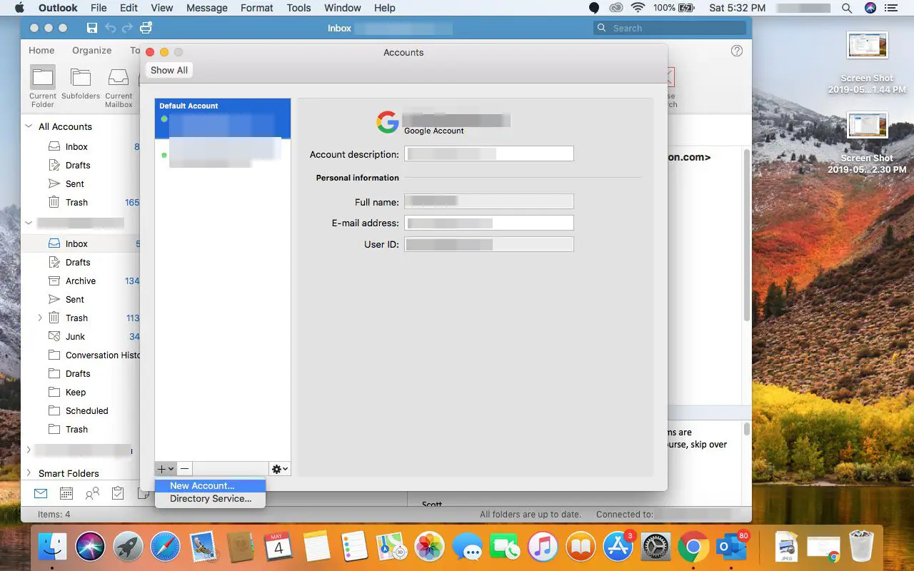 Selecionando Nova Conta no Outlook para Mac.