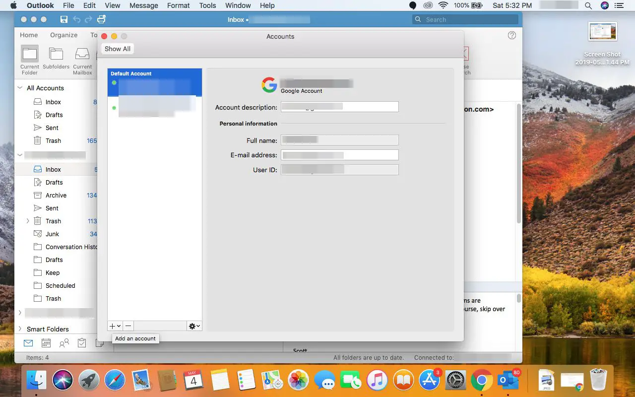 Selecionando Adicionar uma conta no Outlook para Mac.