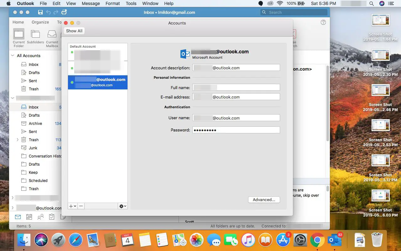Uma conta Outlook.com recém-adicionada no Outlook para Mac.