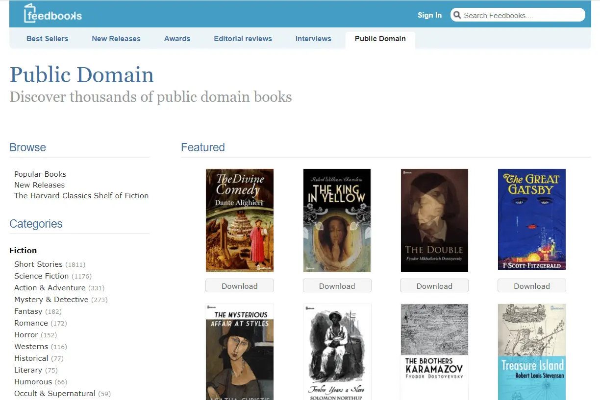 Captura de tela de livros de domínio público gratuitos em feedbooks