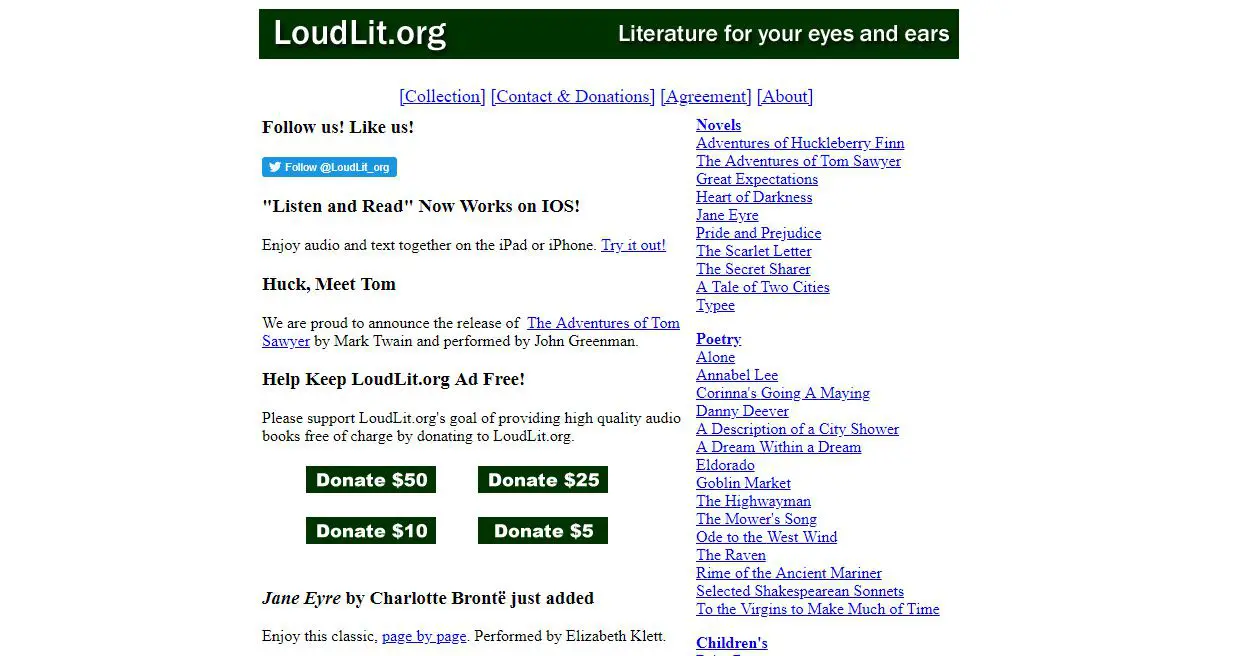 Captura de tela do site LoudLit onde você pode baixar livros de domínio público