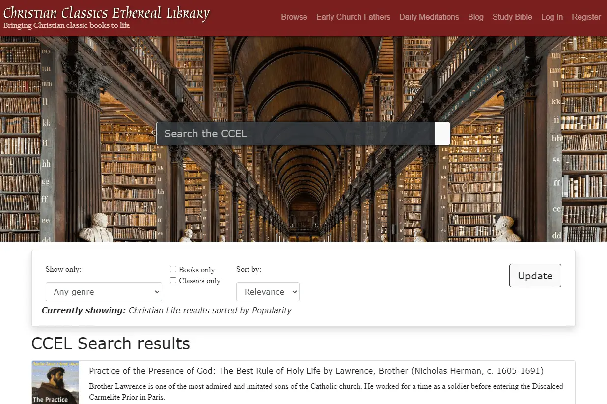 Página inicial do site da Christian Classics Ethereal Library