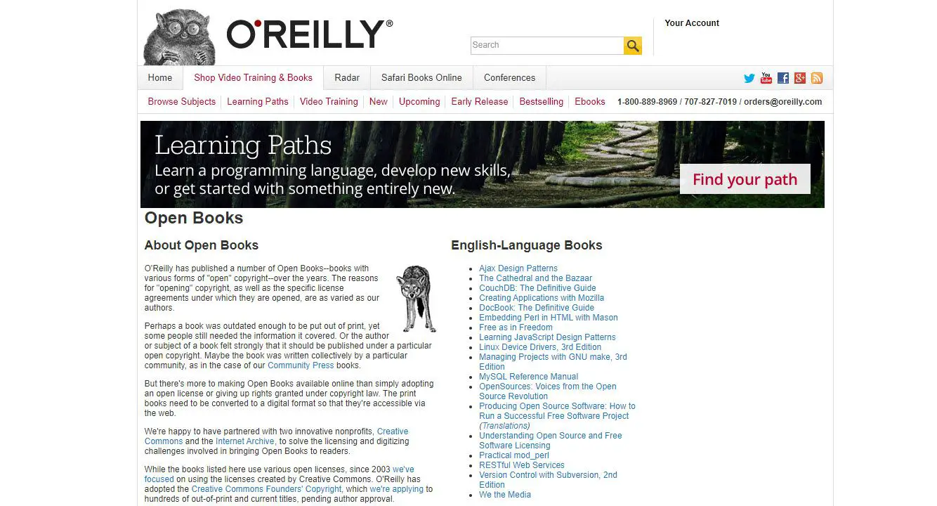 Captura de tela do site O'Reilly Open Books, onde você pode baixar livros de domínio público