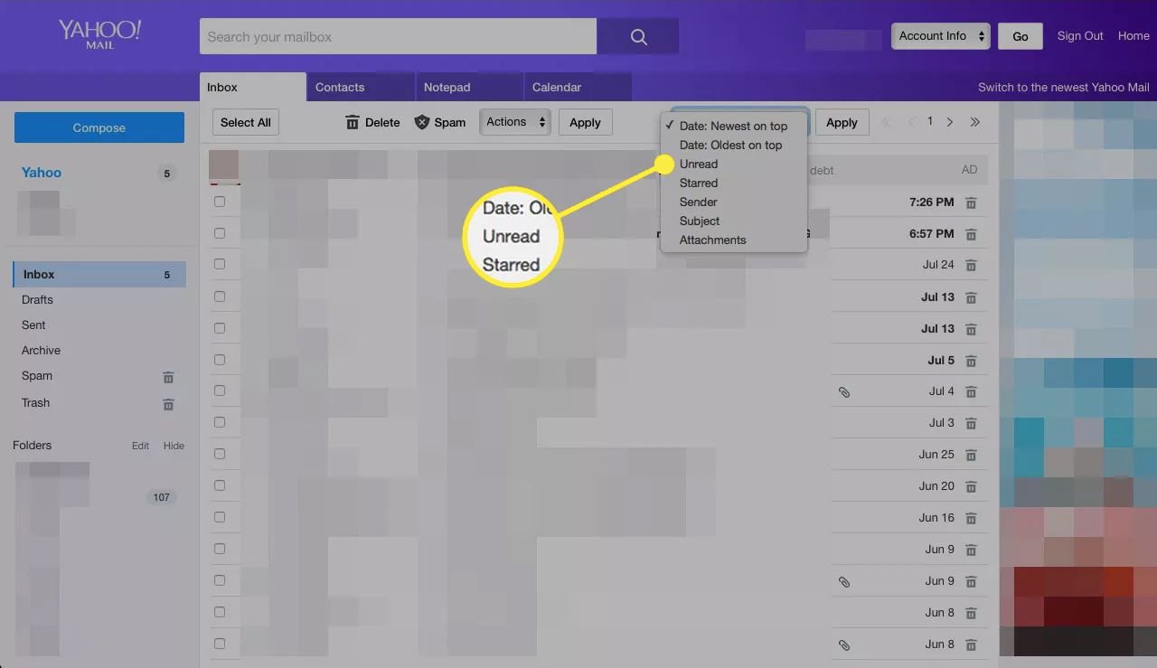 A opção Não lida no menu de classificação do correio do Yahoo