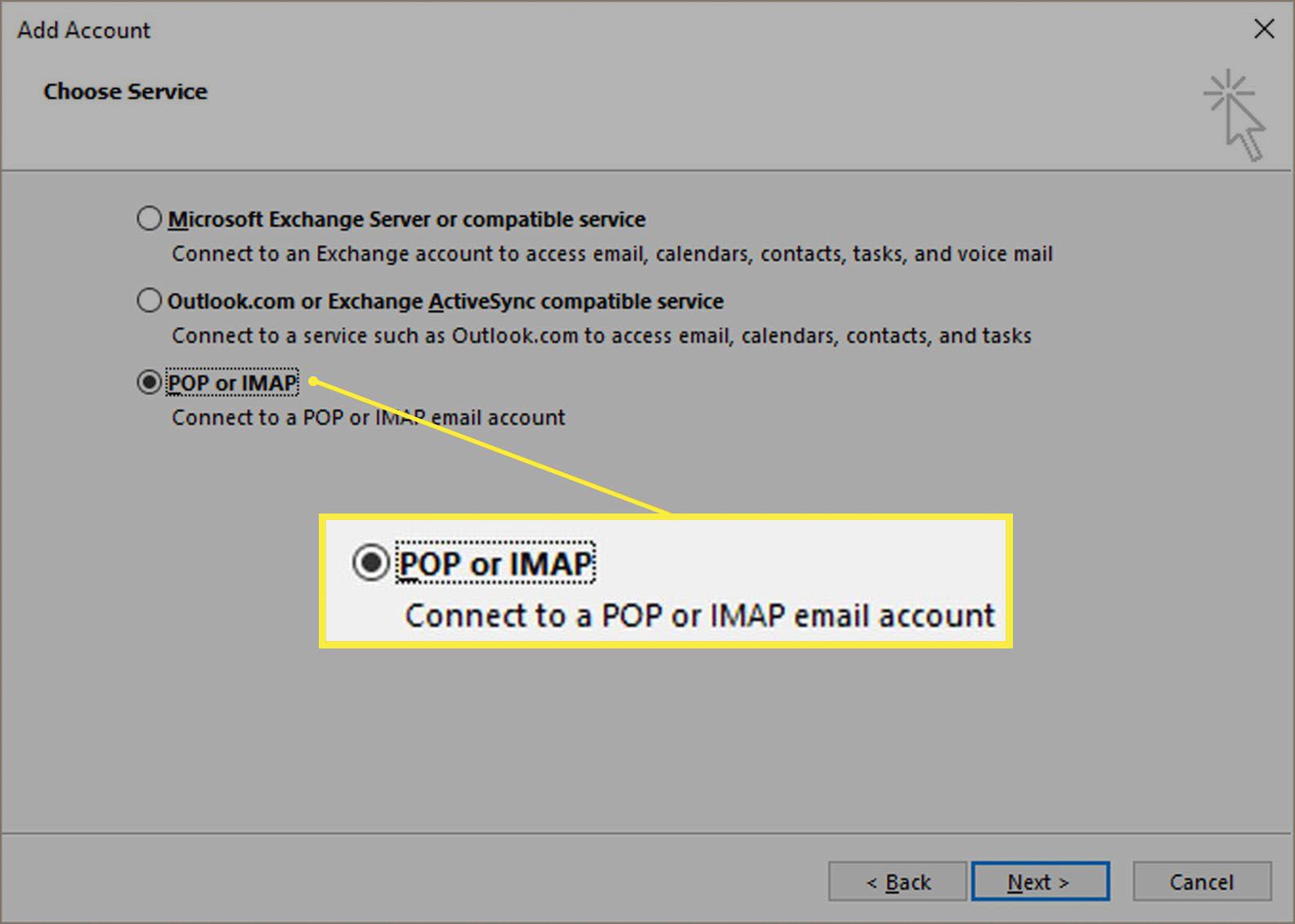 Opção POP ou IMAP na caixa de diálogo Adicionar conta.