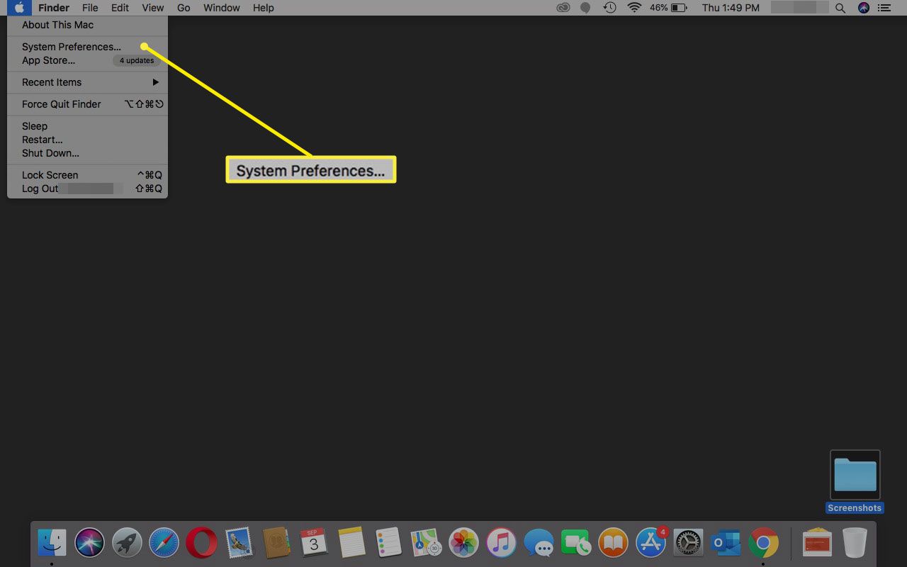 Captura de tela da seleção de Preferências do Sistema Mac no menu Apple