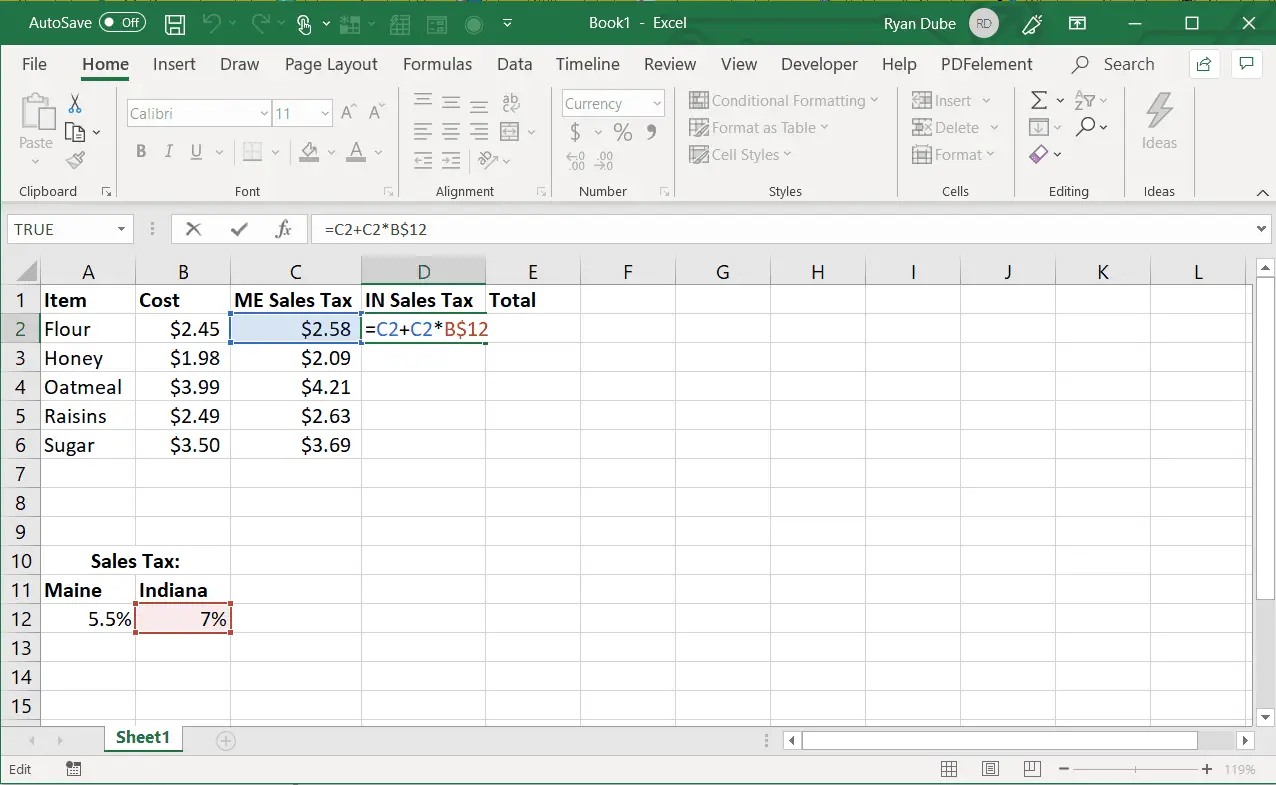 Captura de tela de preenchimento de uma linha com uma referência absoluta no Excel