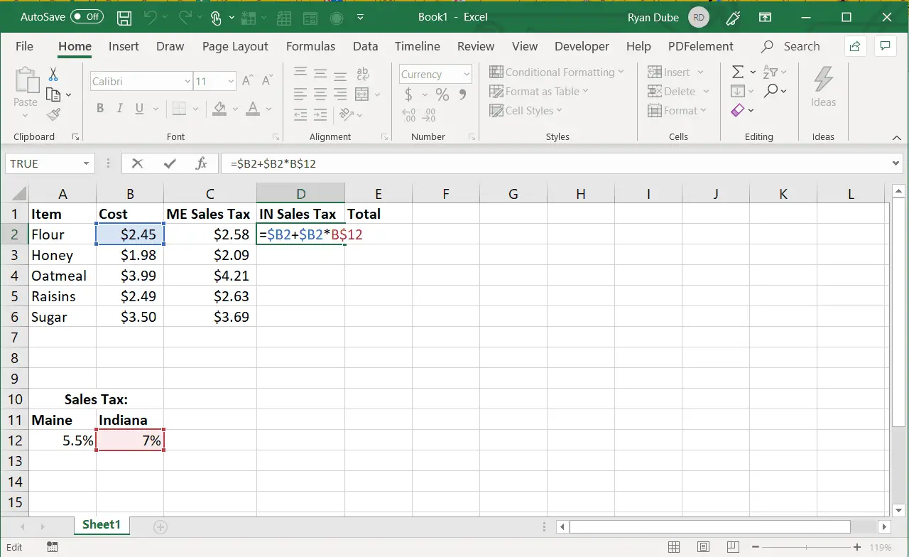 Captura de tela do preenchimento do Excel à direita com uma coluna absoluta