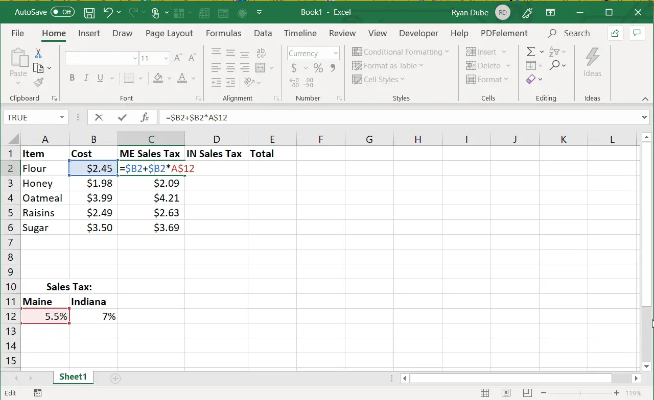 Captura de tela do uso de uma referência de coluna absoluta no Excel