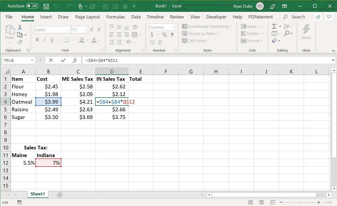 Captura de tela de referências de células absolutas no Excel