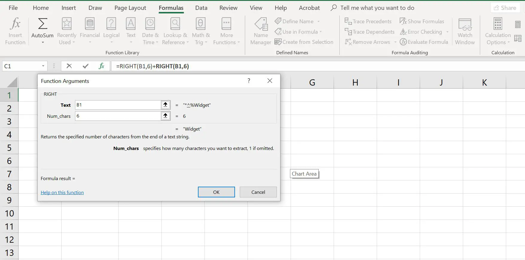 Planilha do Excel com a caixa de diálogo da função DIREITA