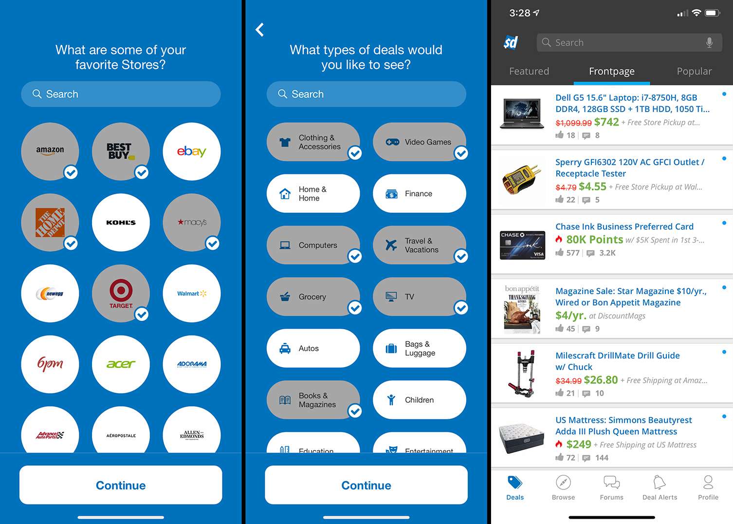 Três telas iOS do aplicativo Slick Deals