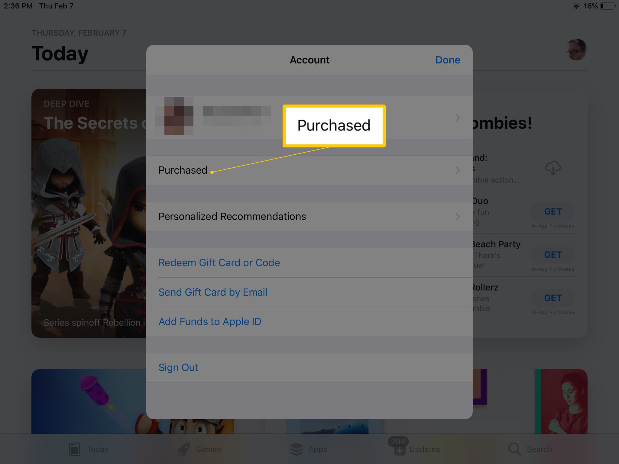 Botão de compra na conta da App Store no iPad