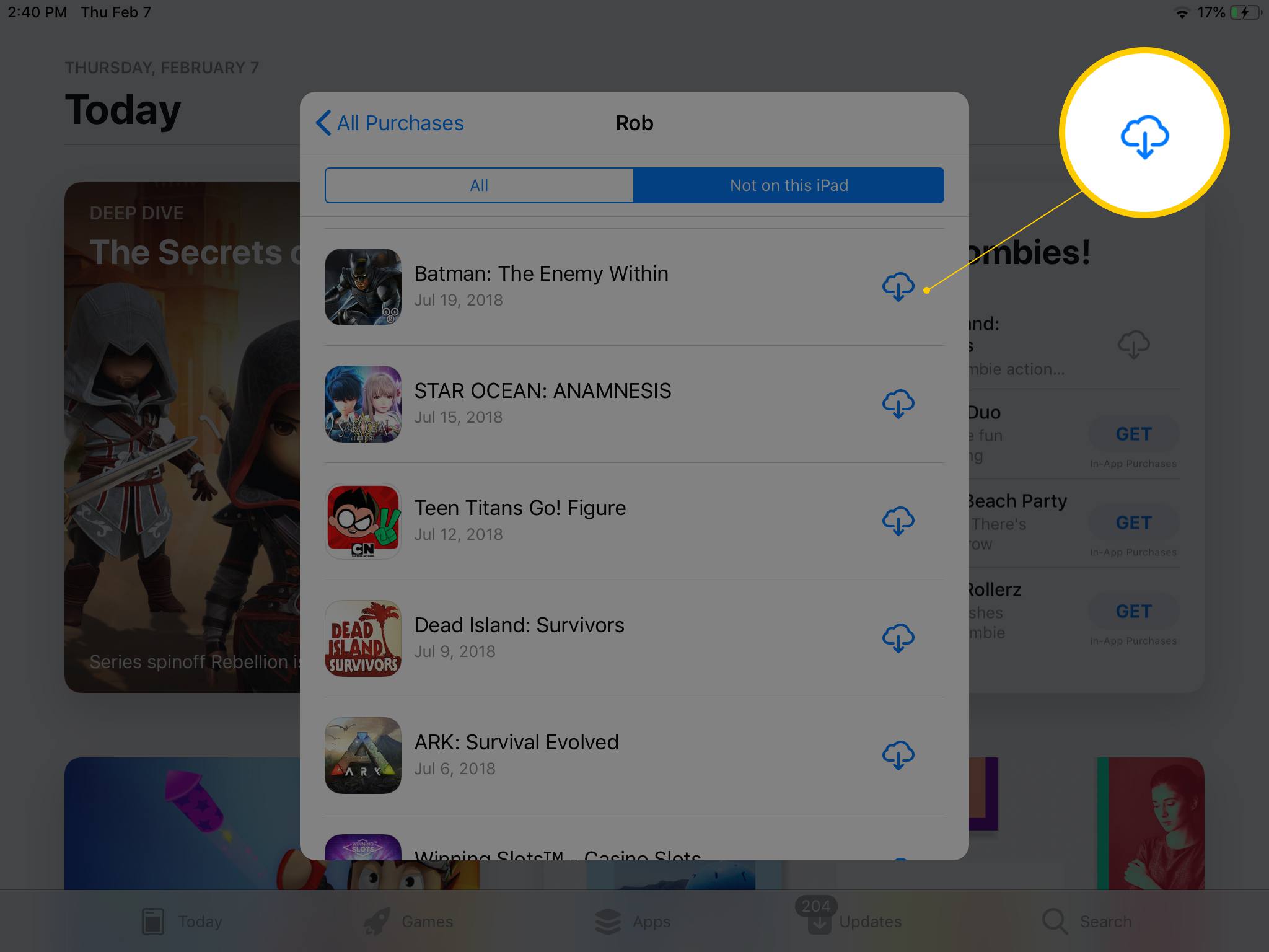 Botão iCloud para baixar novamente um aplicativo comprado anteriormente no iPad