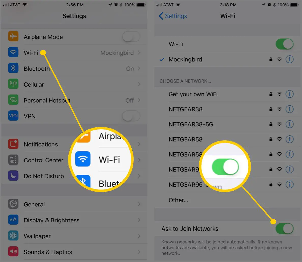 Captura de tela mostrando a interface Wi-Fi e Ask to Join Networks no iOS